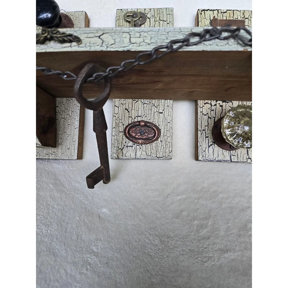 Steampunk Rustic Wood Wall Shelf Vintage Keys Doorknob Crackle Finish Farmhouse